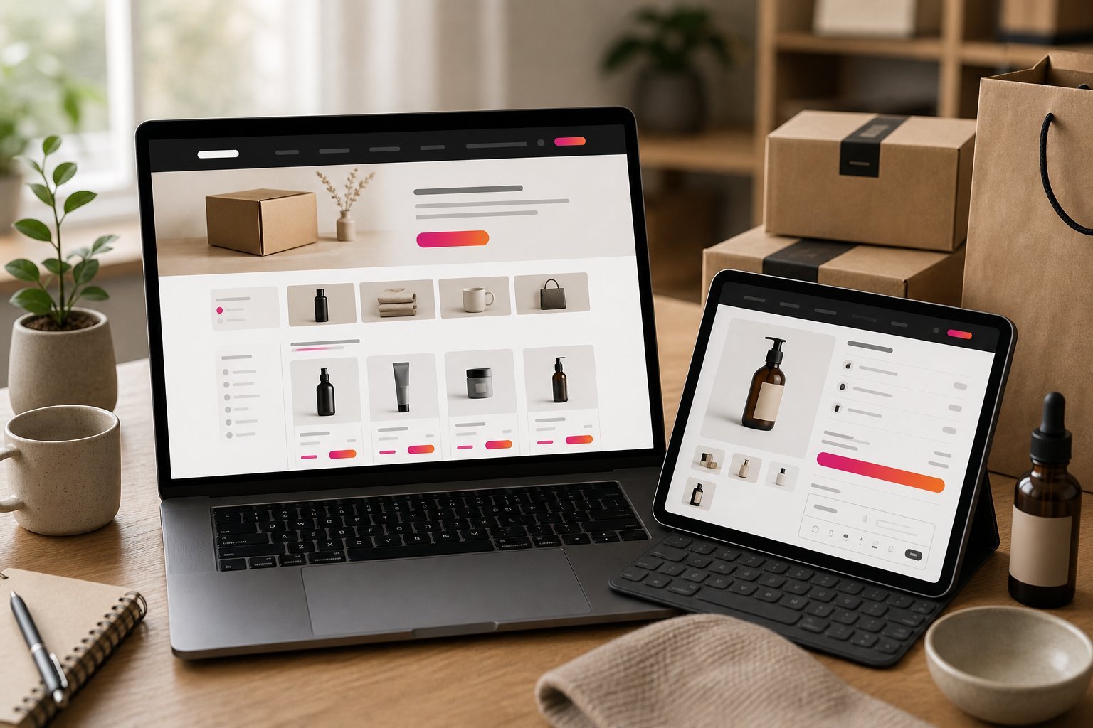 Mesa de trabajo con una tienda online ordenada en pantalla
