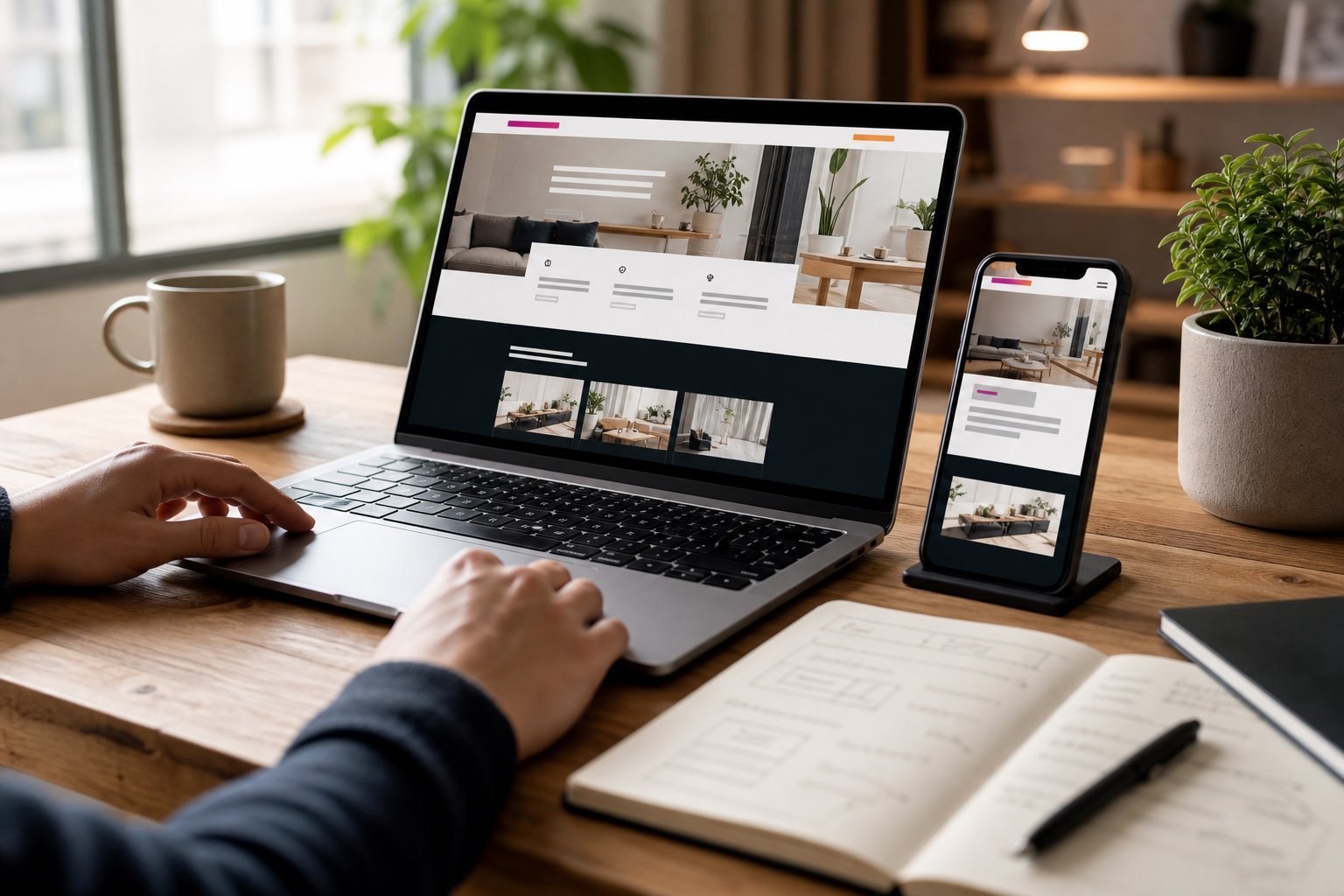 Portátil y móvil con una web de negocio bien estructurada